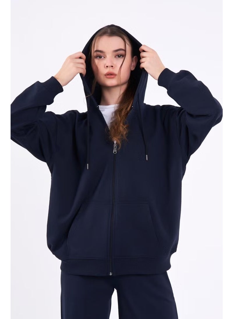 mmetalic Navy Blue Kangaroo Pocket Hooded Zippered Oversize Women's Sweatshirt - Image 2